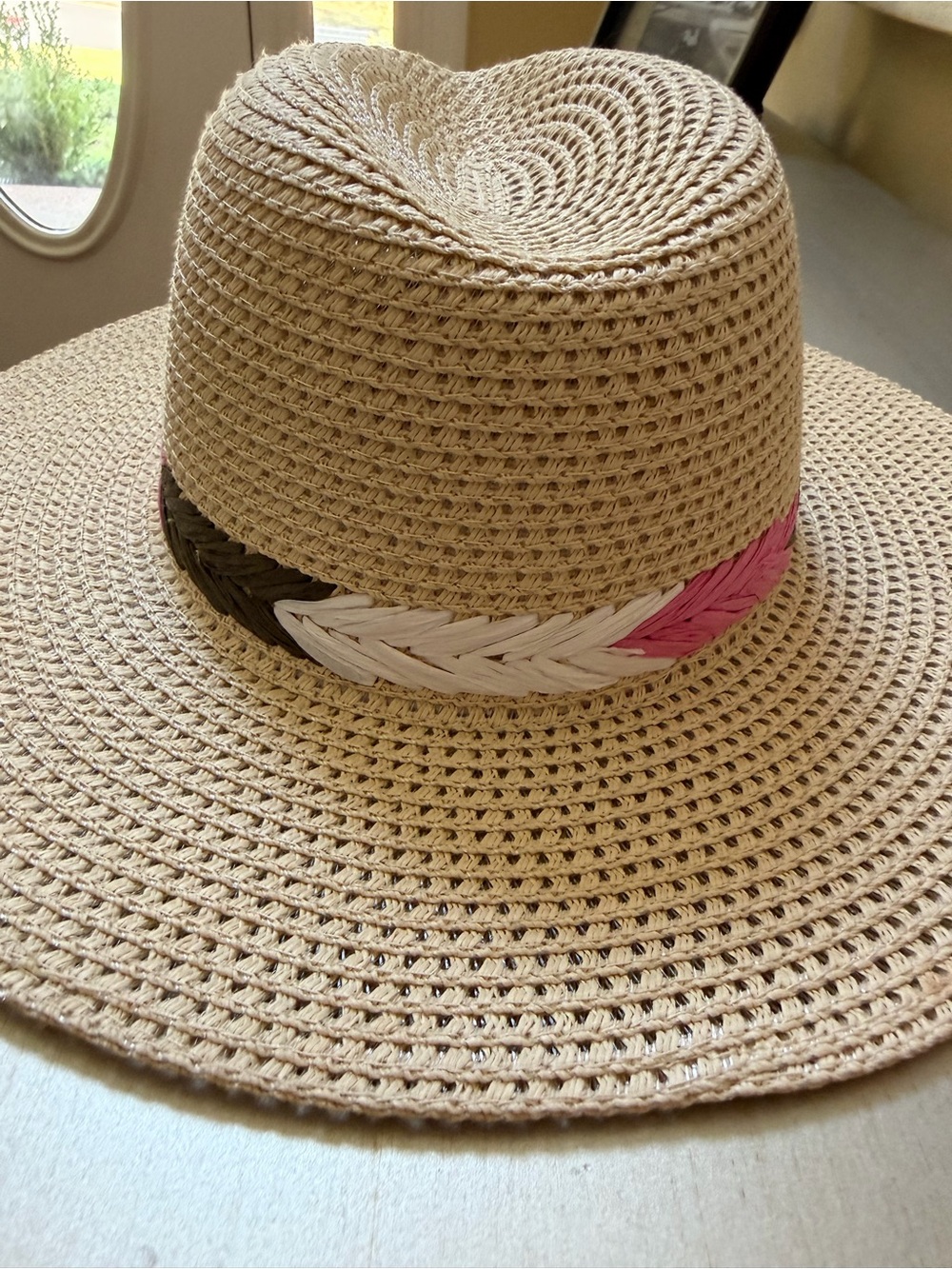 Do Everything in Love Straw Wide Brim Hat Pink Brown White Band OS
